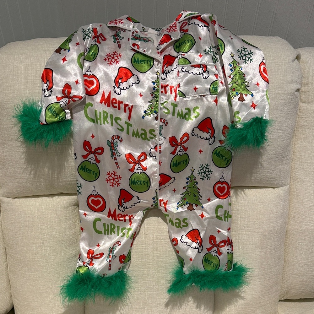 Grinch Christmas Pajama Onesie with Green Feather Trim